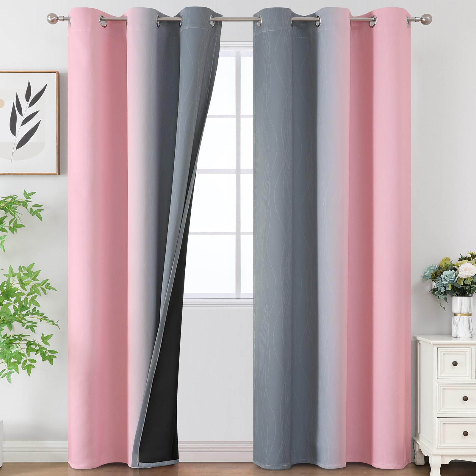 Estelar Textiler Beige and Greyish White Blackout Curtains for Living Room, Full Room Darkening Gradient Drapes for Bedroom, Thermal Insulated Ombre Grommet Curtains for Dining Room,52Wx84L,2 Panels